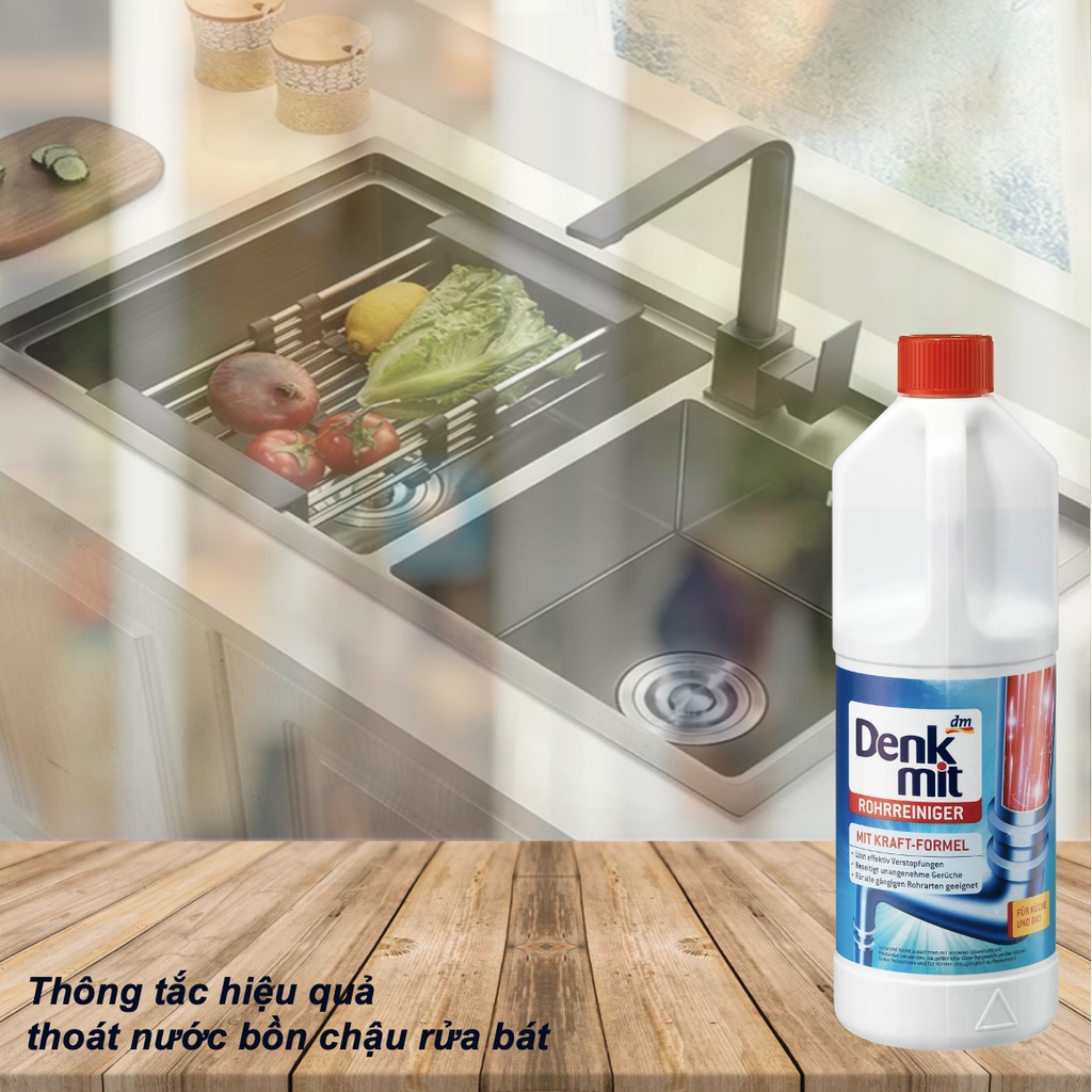 Nước thông cống Denkmit thông tắc vệ sinh đường ống thoát sàn chậu rửa lavabo chai 1 lít