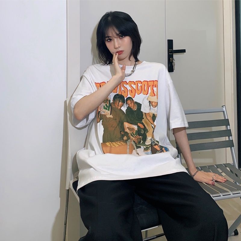 Áo Thun Tay Lỡ Nữ TRAVIS SCOOT Form rộng Ovesize Áo Thun Cổ Tròn Unisex