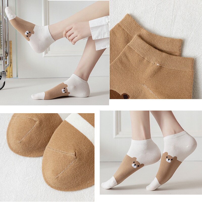 Set 5 Đôi Tất Cotton Mềm Mại Thoáng Khí In Hình Gấu Đáng Yêu Cho Nữ