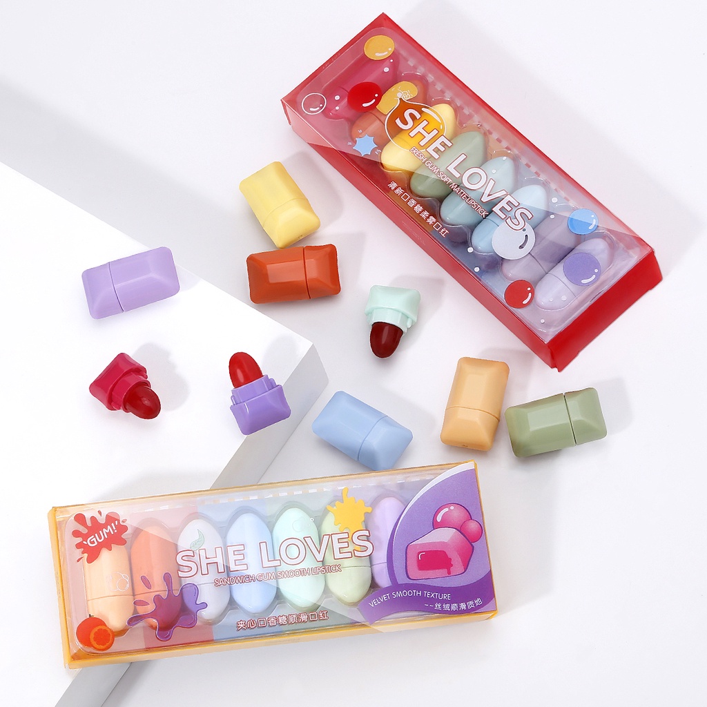 Set 8 Son Môi Mini Lâu Trôi Không Thấm Nước Thiết Kế Hình Viên Kẹo Dễ Thương