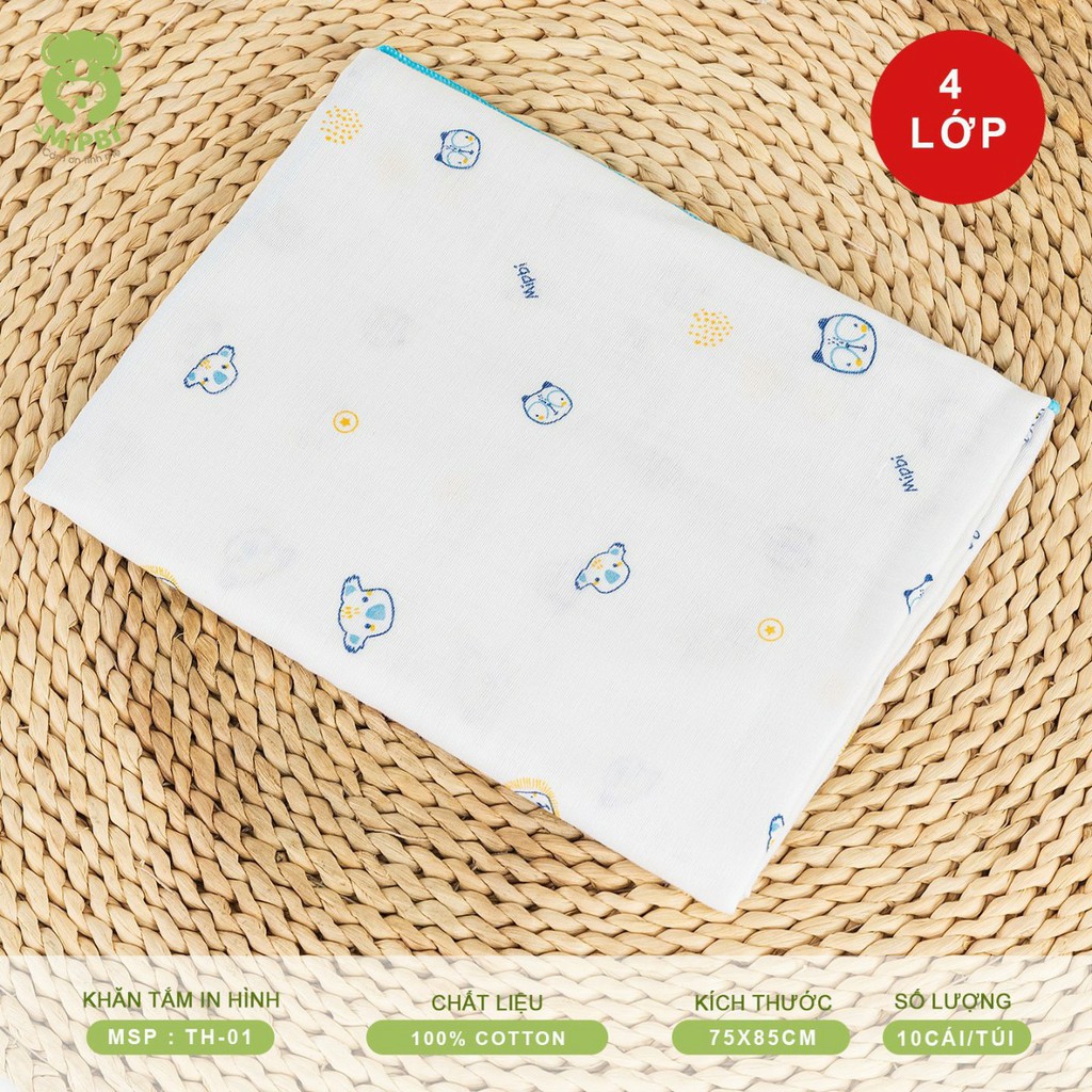 [CHÍNH HÃNG] Khăn tắm 4 lớp cotton cao cấp in hình mềm mại kích thước 75x85cm Gói 1c Mipbi