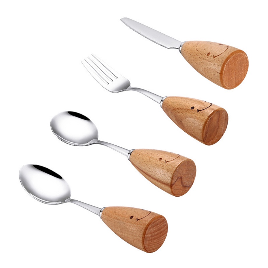 Bộ muỗng nĩa ăn bằng thép không gỉ cán gỗ tiện dụng cho bếp Bộ Muỗng Nĩa Dao Bằng Thép Không Gỉ Tay Cầm Bằng Gỗ Hình Mặt Cười Dễ Thương