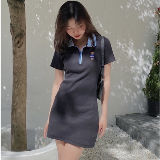 Váy body thêu gấu teddy chất bo gân dày mịn co giãn fit body