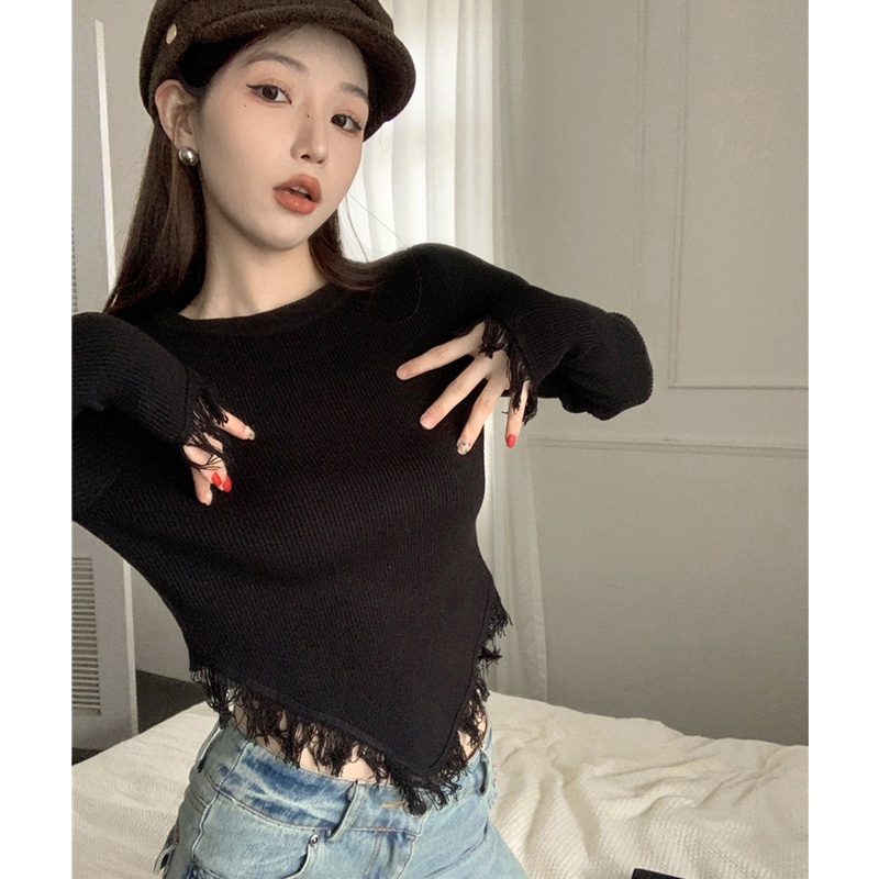 Áo Sweater Tay Dài Cổ Tròn Phối Tua Rua Thời Trang Mùa Thu Cho Nữ