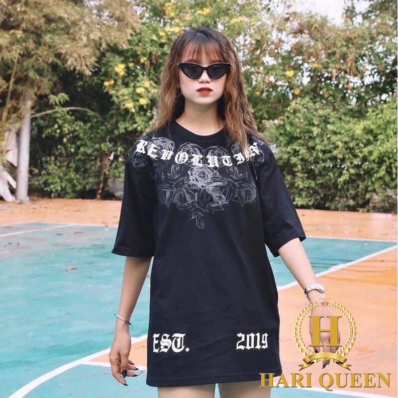 Áo thun tay lỡ hoa hồng đen HARIQUEEN áo phông nam nữ unisex form rộng 65kg