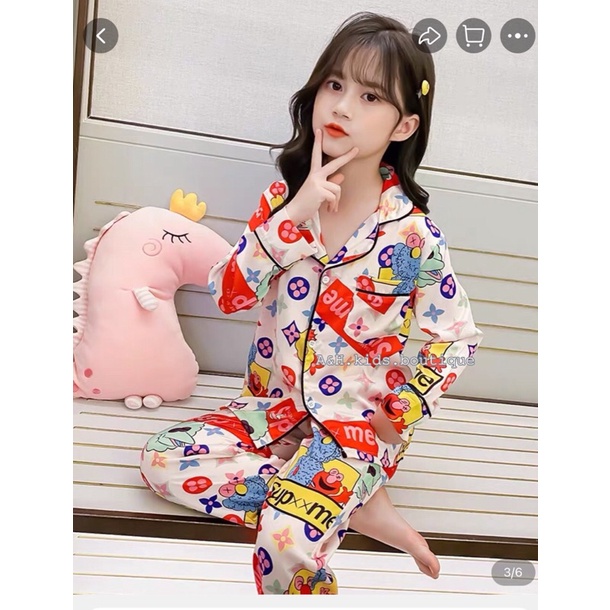 (jean baby kho sỉ)bộ ngủ,pijama  dài tay vải lụa hoạ tiết cao cấp cho bé gái (10-23kg)