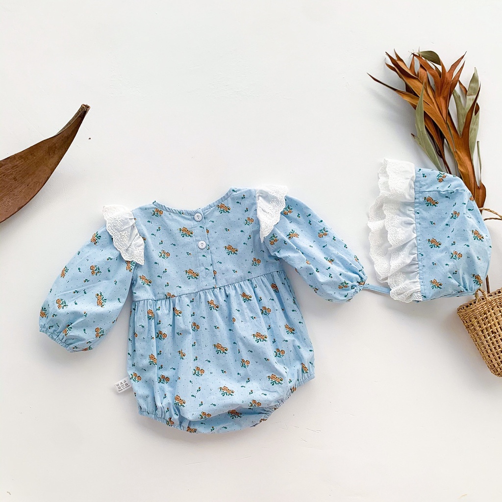 Bộ Áo Liền Quần Tay Dài In Hoa + Mũ Dễ Thương Cho Bé Gái Sơ Sinh 0-18 Tháng Tuổi