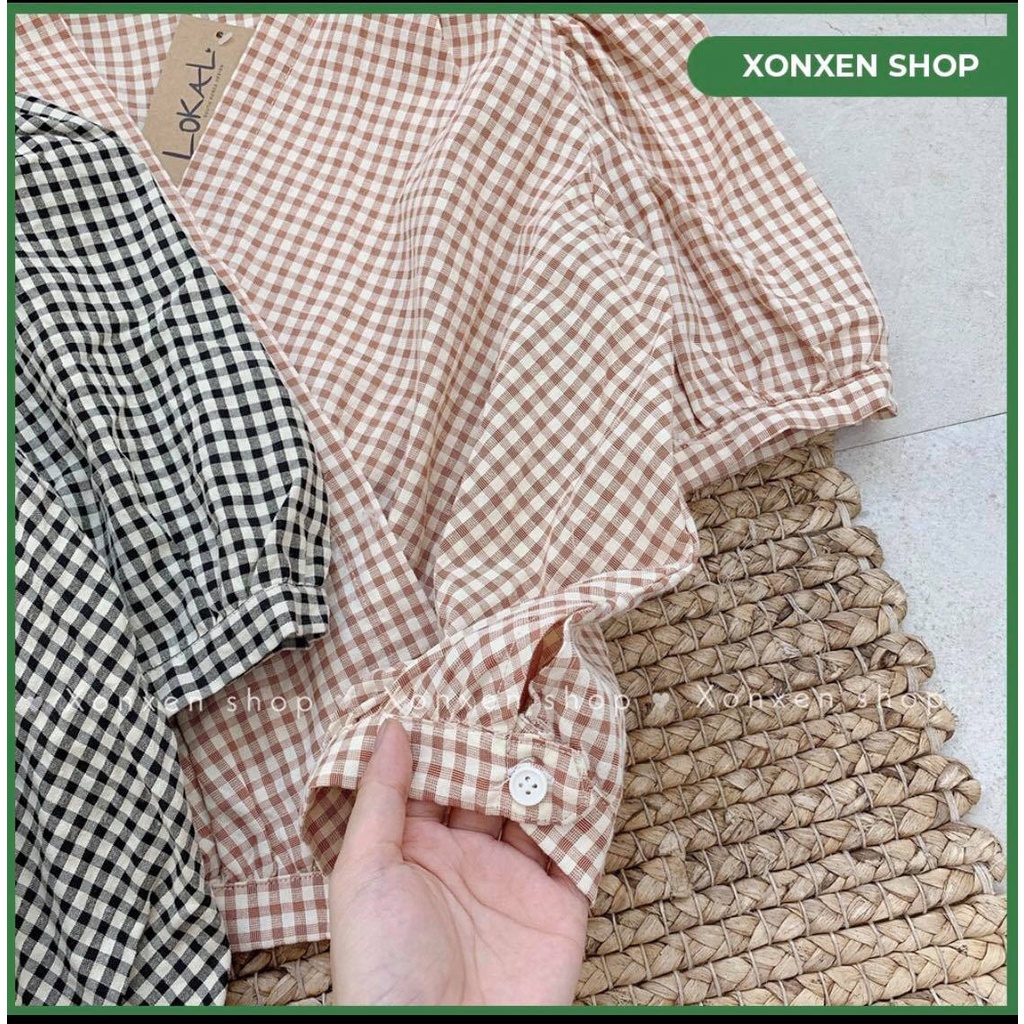 Áo kiểu caro áo kiểu đắp chéo ngực cổ tim tay phồng cực xinh XONXEN SHOP QUY NHƠN freesize mã 93