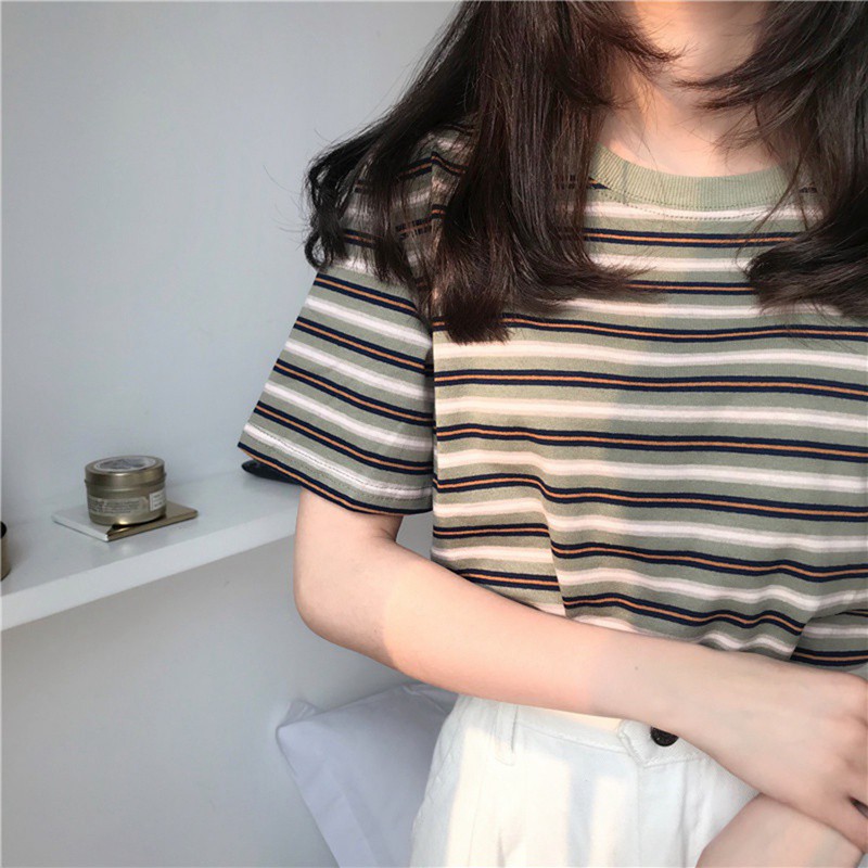 Áo thun nữ cổ tròn sọc ngang thời trang trẻ trung