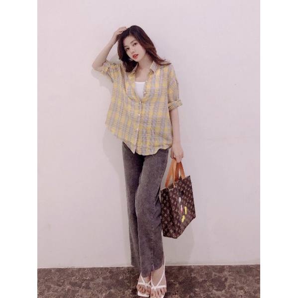 Áo Sơmi Caro Nữ, Áo Sơ Mi Tay Dài Kẻ Sọc Caro Form Rộng Ba Màu