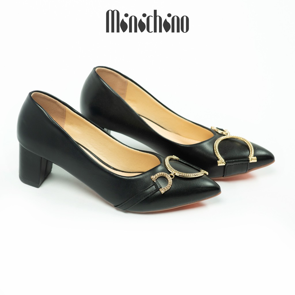 Giày búp bê nữ cao 5cm MINICHINO mũi nhọn gót vuông, da mờ thời trang màu kem TC048 | BigBuy360 - bigbuy360.vn