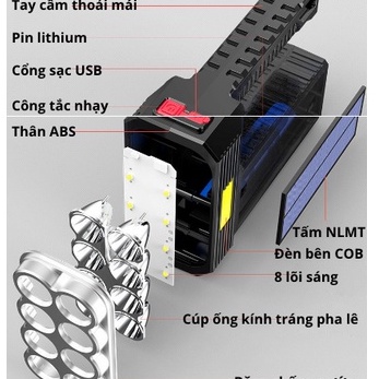 Đèn pin 8 bóng Eomart Năng lượng mặt trời siêu sáng với công xuất 20W dung lượng pin cao tiện lợi dễ sử dụng .