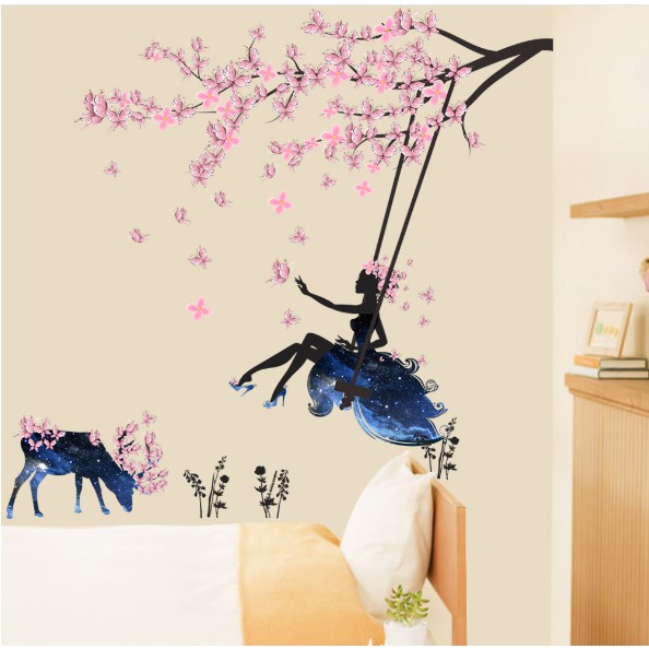 Decal trang trí tường - Cô Gái Hoa Xích Đu và Trâu Hoa