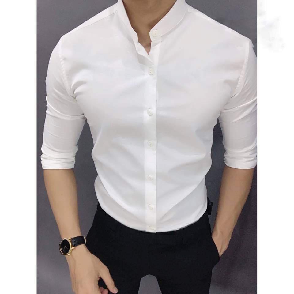 sơ mi nam cổ tàu chất liệu lụa thái cao cấp màu đen và màu trắng vải bóng nhẹ mềm mặc mát không nhăn | BigBuy360 - bigbuy360.vn