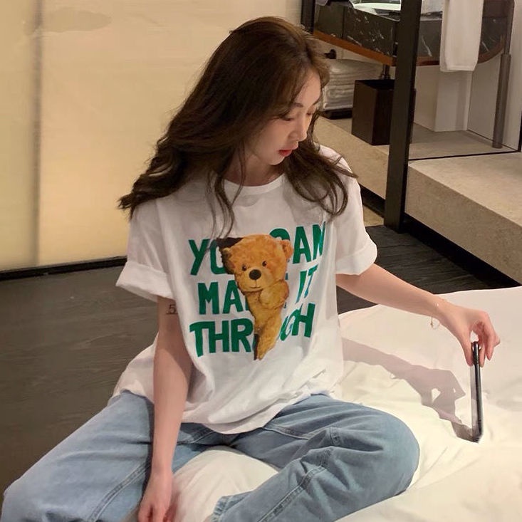 Áo Thun Cotton Tay Ngắn Dáng Rộng In Hình Gấu Và Chữ Đơn Giản Thời Trang Phong Cách Harajuku