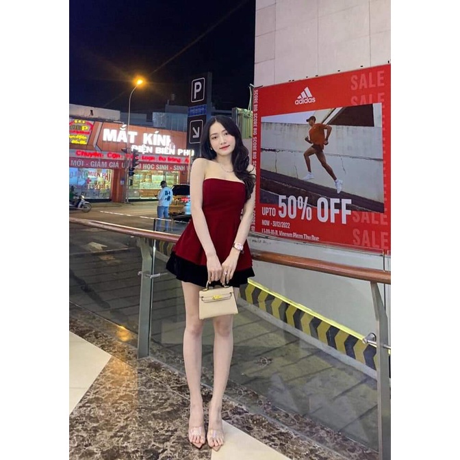 ☸Sét đầm nữ áo cúp ngực Nhung bèo bụng phối chân váy xòe đen, đẹp diện phố.