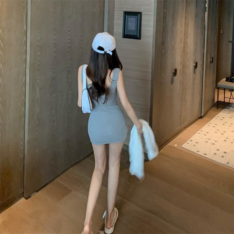Đầm Ngắn Hai Dây Ôm Dáng Eo Thấp Màu Xám Đen Thời Trang