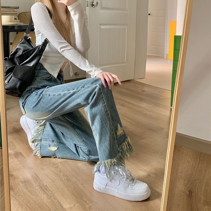 IELGY Quần denim Lưng Cao Ống Rộng Phong Cách vintage