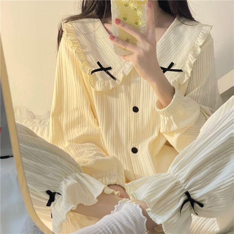 Bộ Đồ Ngủ Cổ Búp Bê Phối Bèo Dễ Thương Thời Trang Thu Đông Cho Bạn Gái