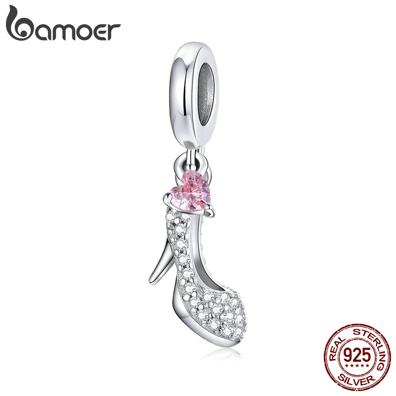 Hạt Charm Gắn Vòng Tay Bamoer Hình Giày Cao Gót Thủy Tinh Gắn Tim Màu Hồng Bằng Đá Zircon Nguyên Bản BSC411