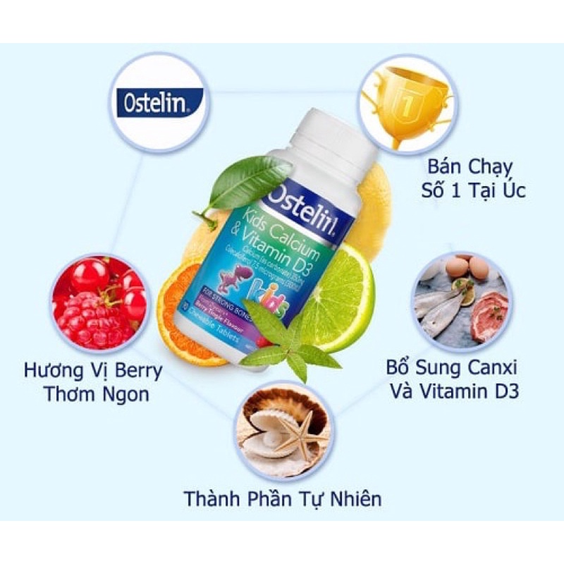Vitamin D3 và Canxi cho bé Ostelin Kids ( Úc ) - 90 viên nhai - Cho bé từ 2 tuổi