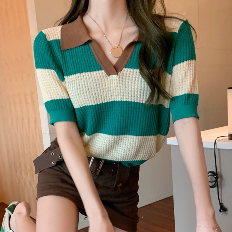 Áo Polo Dệt Kim Kẻ Sọc Kiểu Retro Cá Tính 185754 Áo Thun Ngắn Tay Thời Trang Trẻ Trung Cá Tính Kiểu Hàn Quốc