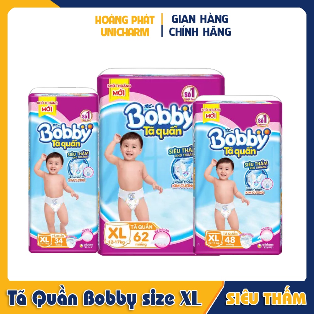 Bỉm tã quần Bobby size XL 14, 34, 48, 62 miếng cho bé từ 12-17kg