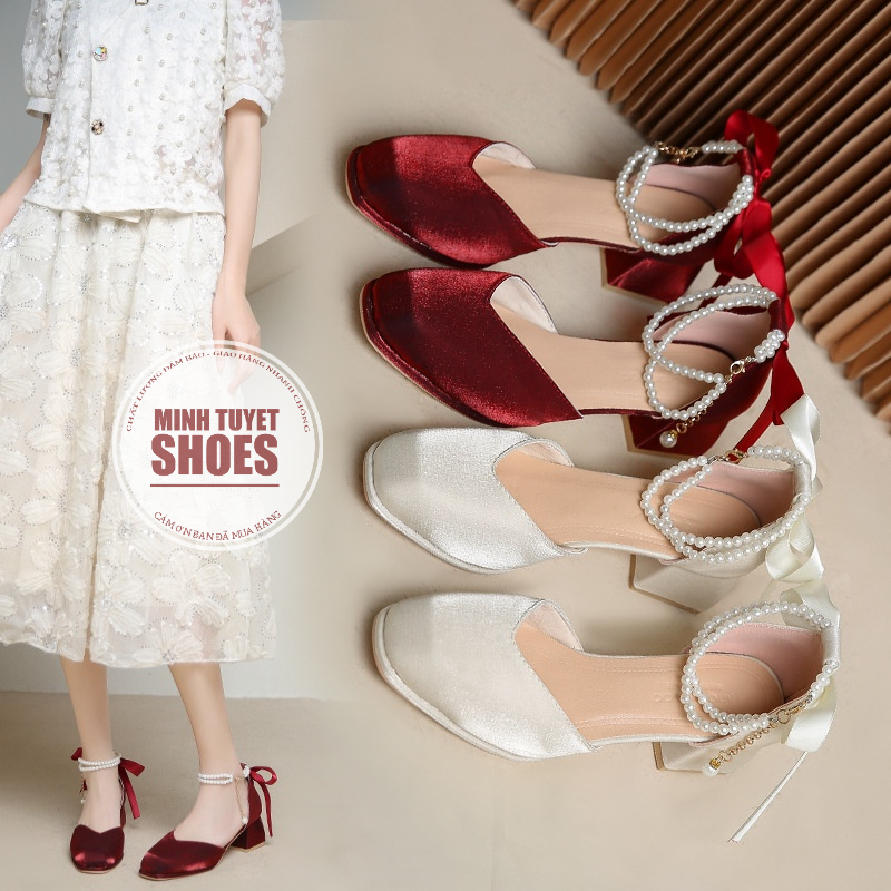 giày nữ minhtuyetshoes đế vuông FROM LỚN LÙI SIZE 5cm bít mũi chuỗi ngọc buộc dây mẫu mới mang đi chơi noel tết cực xinh