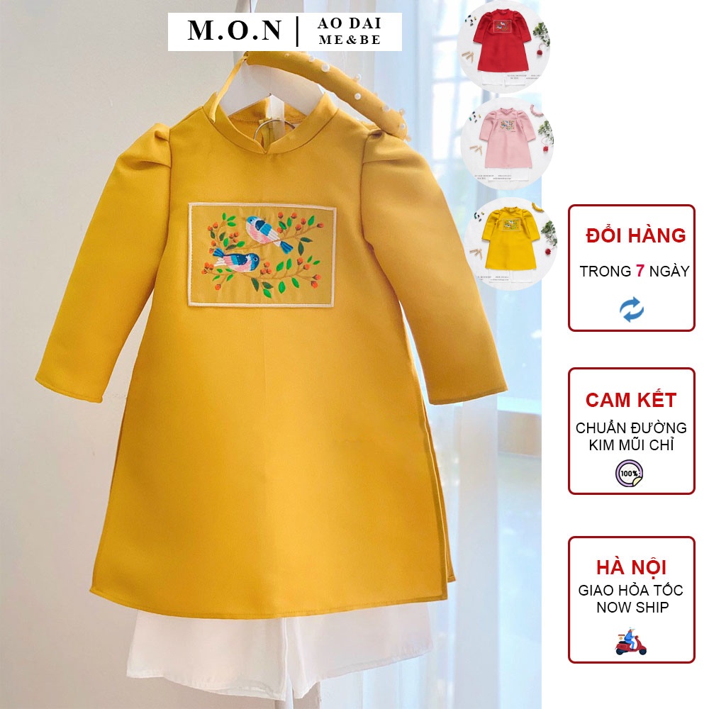 Áo dài Dài Cách Tân Bé Gái Thêu Tay Bồng Kèm Mấn 3 Màu Đỏ - Hồng - Vàng