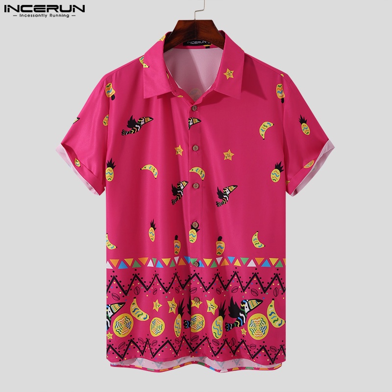 Áo sơ mi INCERUN tay ngắn cài nút họa tiết thổ cẩm vintage cổ điển dành cho nam