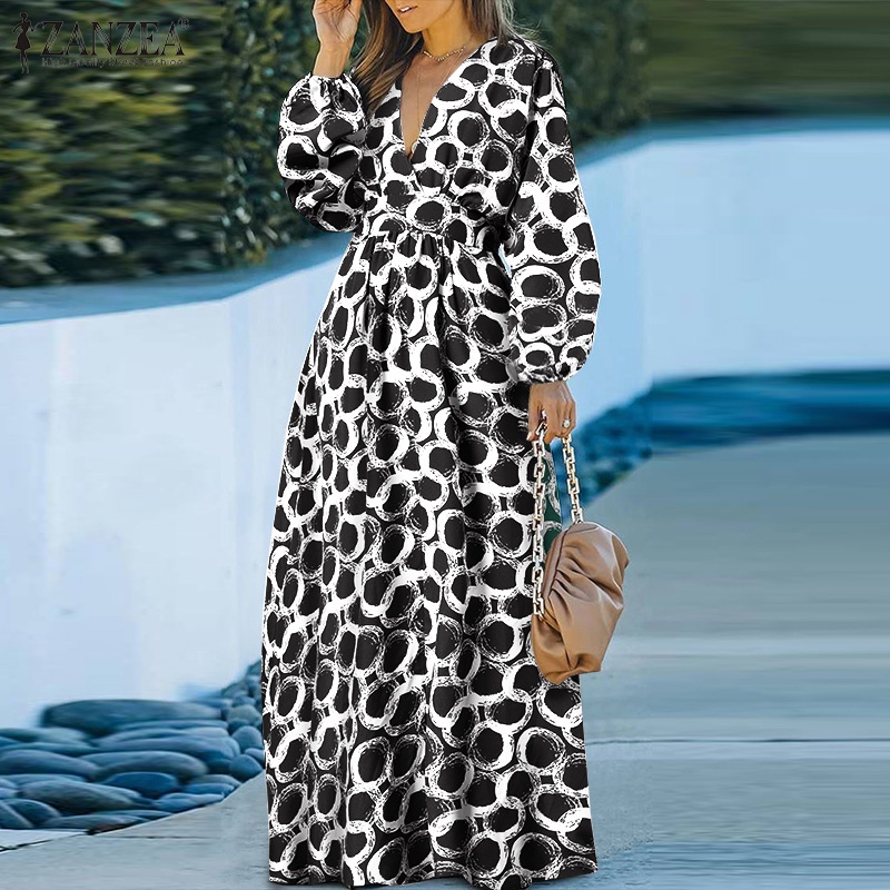 Đầm Zanzea tay dài cổ chữ V phong cách Châu Âu thanh lịch cho nữ