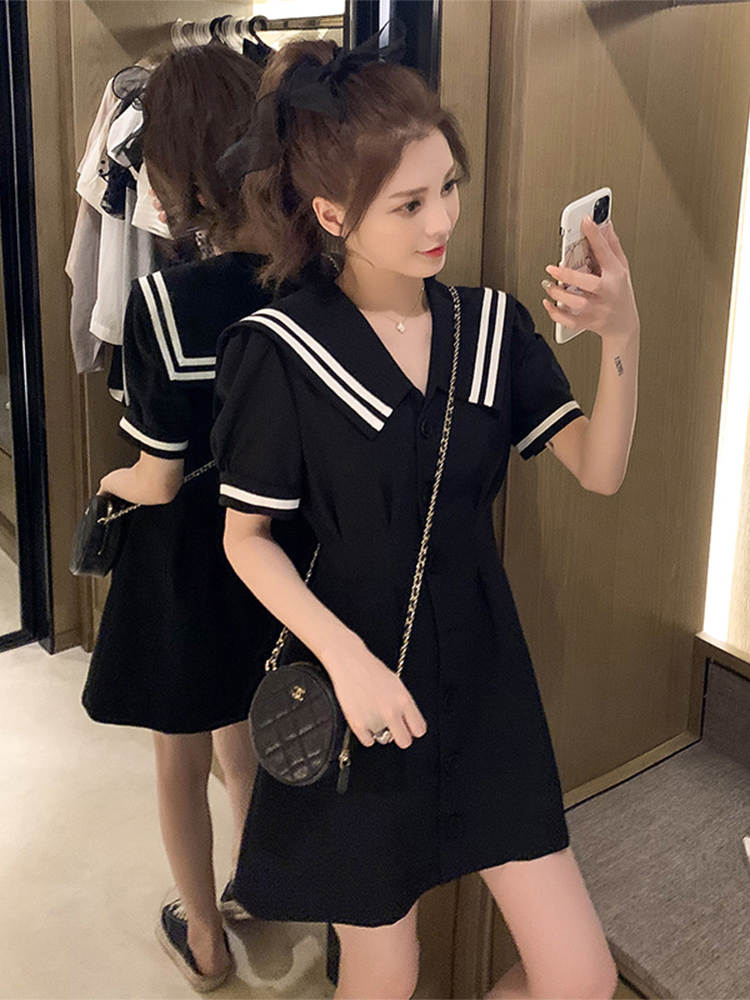 "New" Korean Version of Color Matching Navy Collar Single-breasted Dress Academic Temperament Waist Slim A- Line Skirt | BigBuy360 - bigbuy360.vn