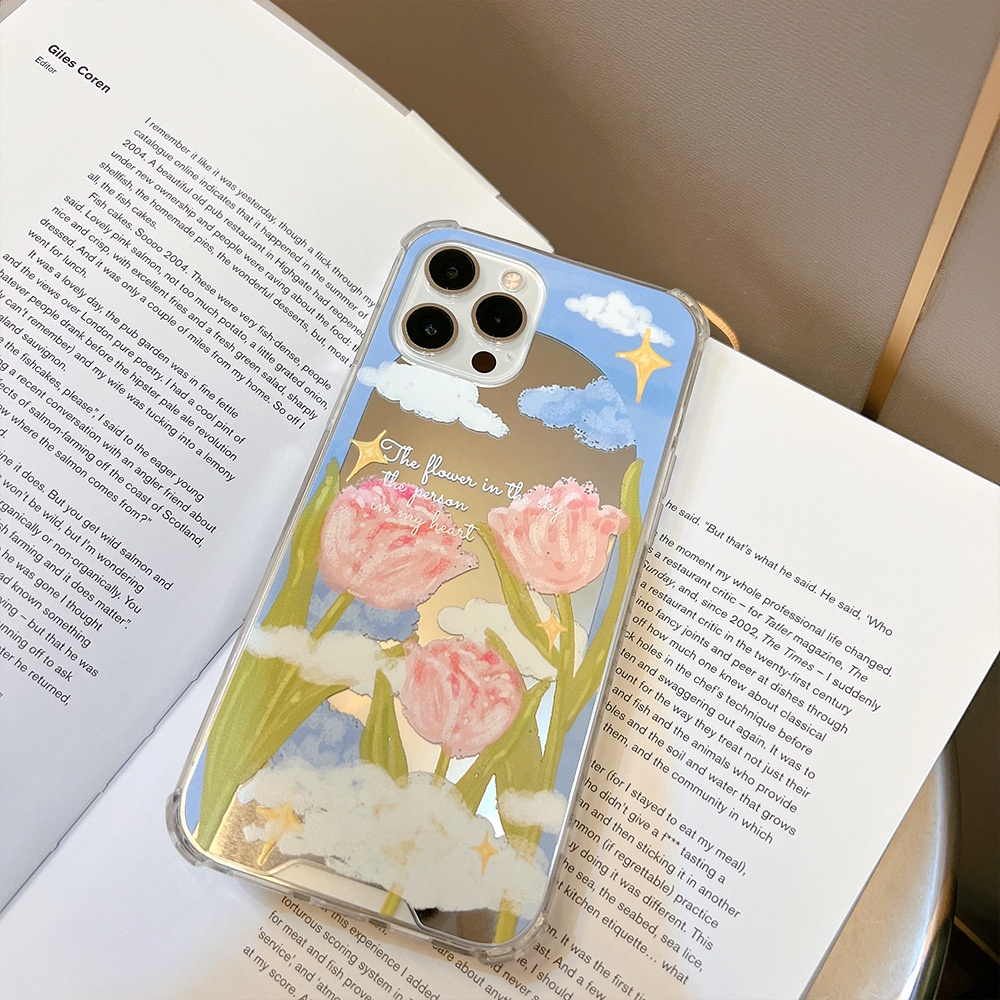 Ốp Điện Thoại Chống Sốc Tráng Gương Họa Tiết Hoa tulip Cho iphone 7 8 plus x xr xs 11 12 13 14 15 mini pro max se 2020