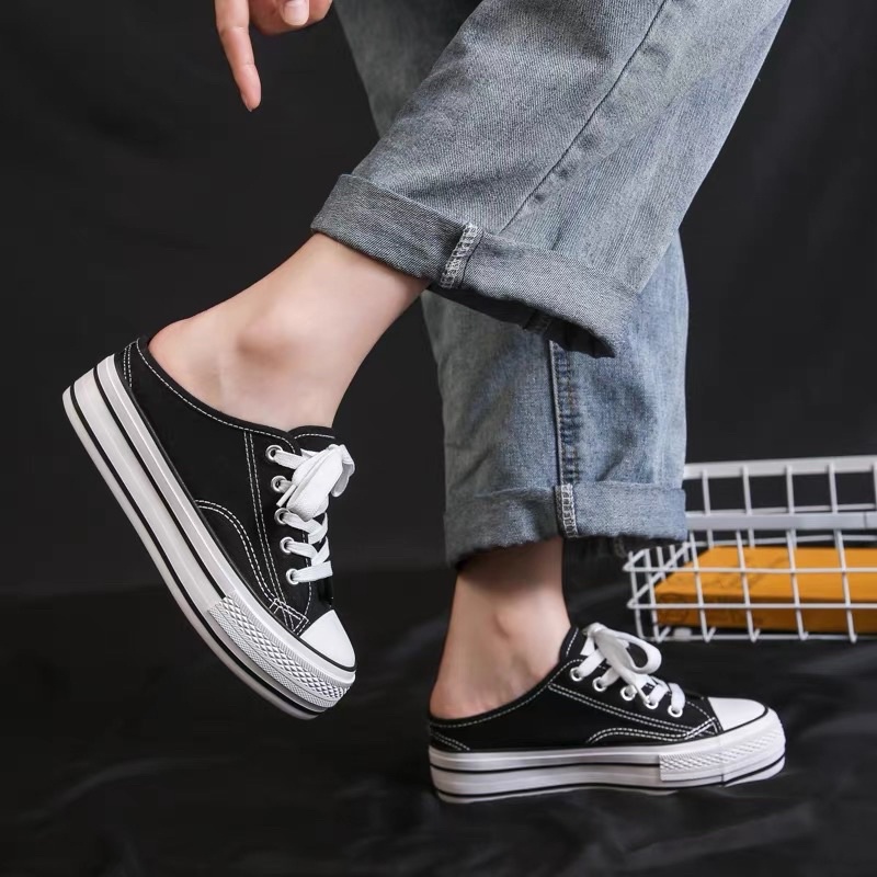 Sẵn đen 35 - Giày thể thao dẫm gót đế độn 5,5cm