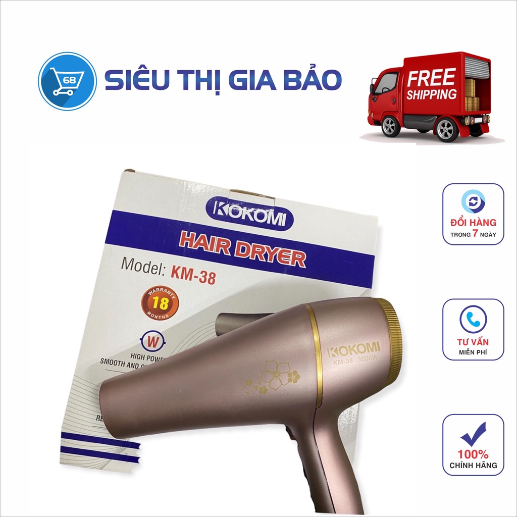 MÁY SẤY TÓC KOKOMI KM-38 CÔNG SUẤT 3000w có ánh sáng xanh,  2 tốc độ gió