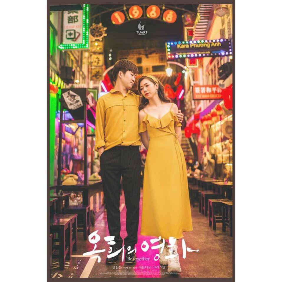 Áo đôi áo cặp 🎀FREESHIP🎀  Set váy nữ sơ mi nam cặp chụp cưới, dự tiệc, du lịch màu vàng đẹp - AV92