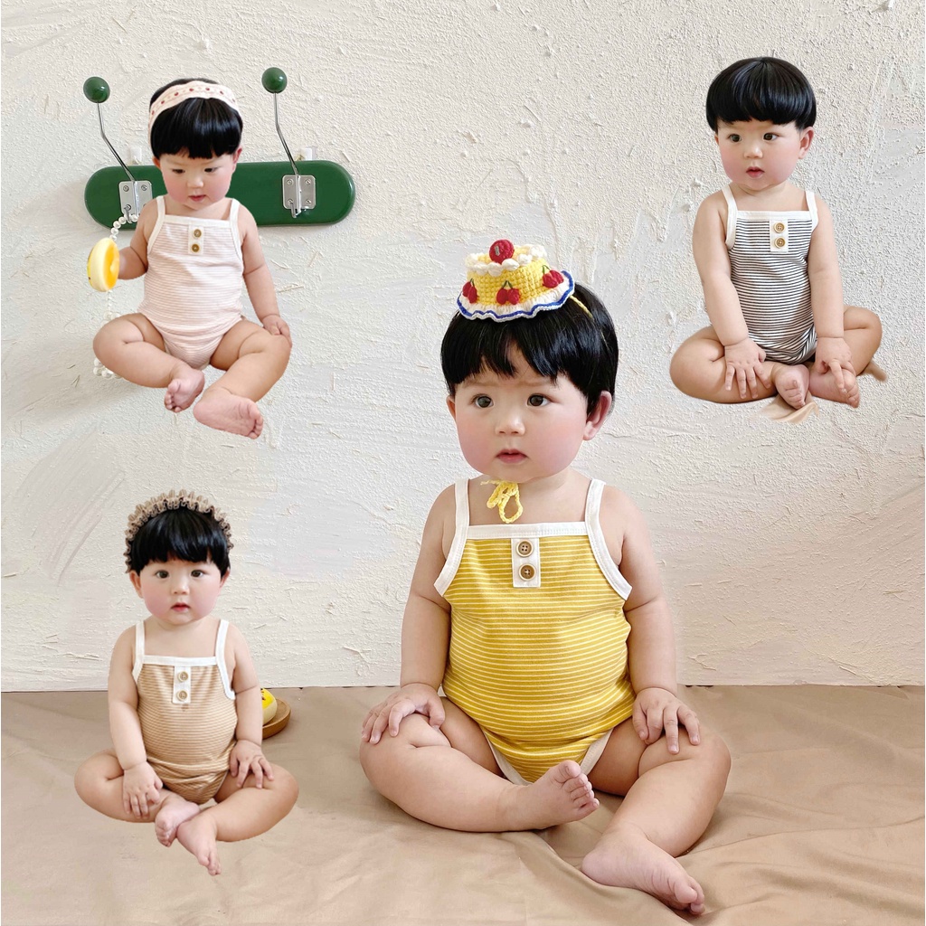 Áo Liền Quần Không Tay Bằng Cotton Họa Tiết Kẻ Sọc Cho Trẻ Em 0-2 Tuổi