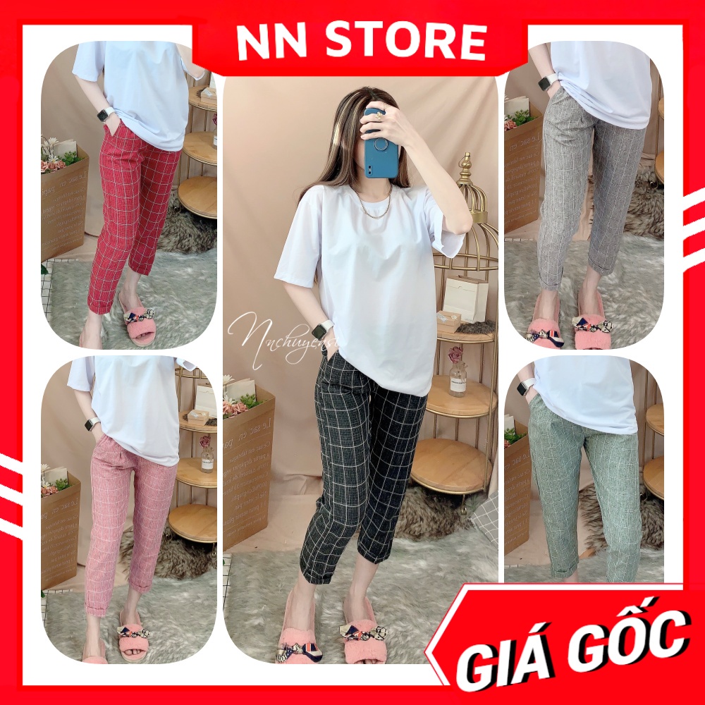 Quần caro lửng nữ chất vải mềm lưng thun co giãn Quần baggy lửng nữ NVH321