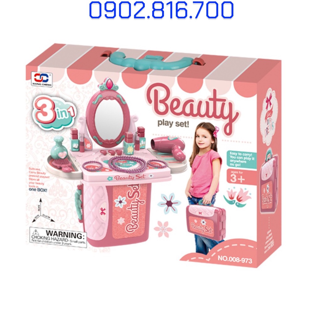 Hộp đồ chơi Vali trang điểm - bàn trang điểm 3 trong 1 cho bé gái Beautyful Set 008-973