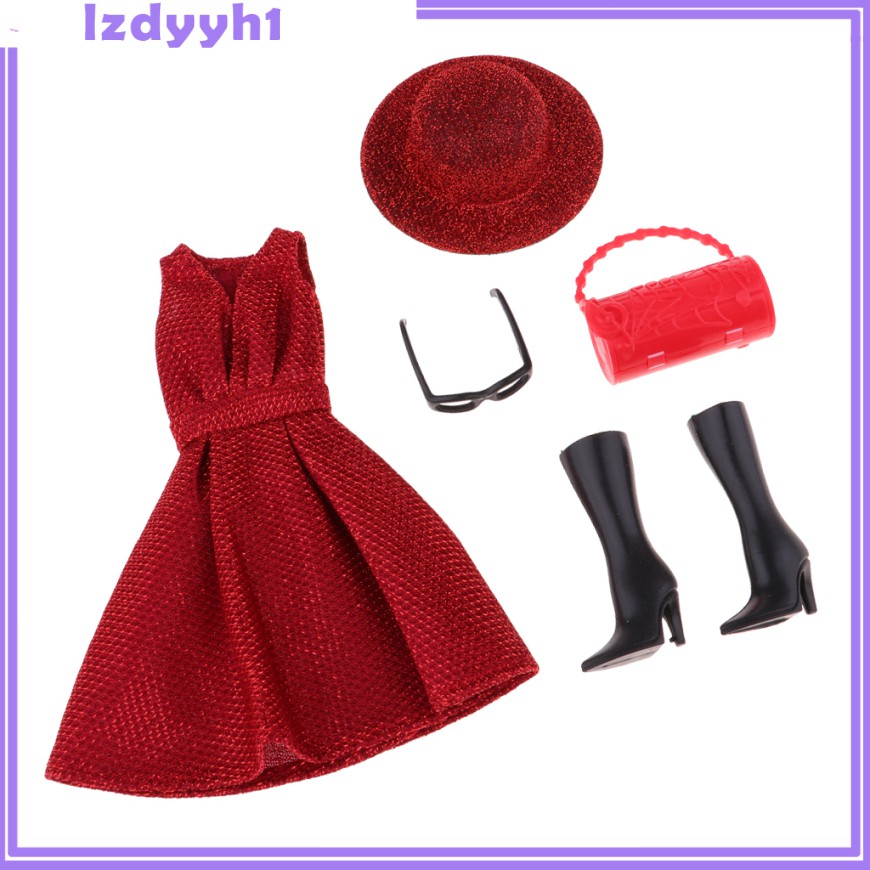 Bộ trang phục đầm đỏ + giày bốt đen + túi xách tay dự tiệc cho búp bê DIY