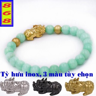 Vòng đeo tay đá xanh ngọc 6 ly ( size nhỏ ) 2 bi Charm Tỳ Hưu inox - Hợp mệnh Mộc, mệnh Hỏa - Vòng cỡ nhỏ