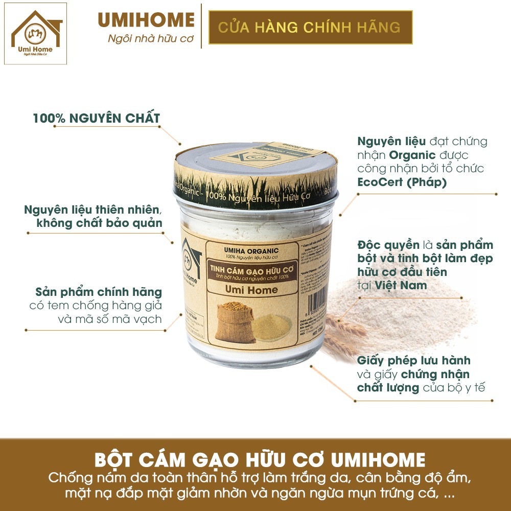 Bột Cám Gạo đắp mặt hữu cơ UMIHOME nguyên chất | Rice Bran Flour 135G