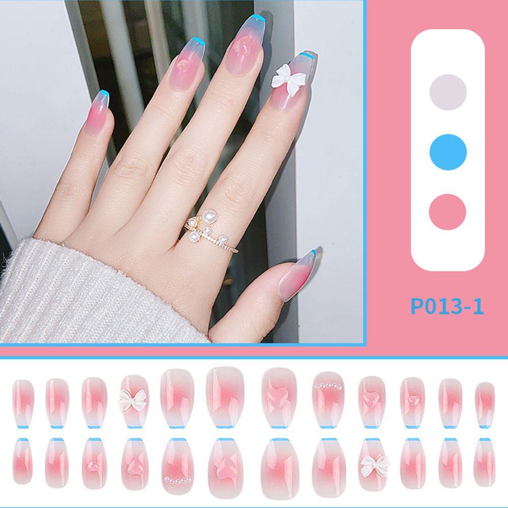 Bộ Móng Tay Giả Ngắn Thiết Kế Ngọt Ngào Thời Trang|Móng Tay Giả Che Phủ Toàn Diện Đính Nơ Xinh Xắn