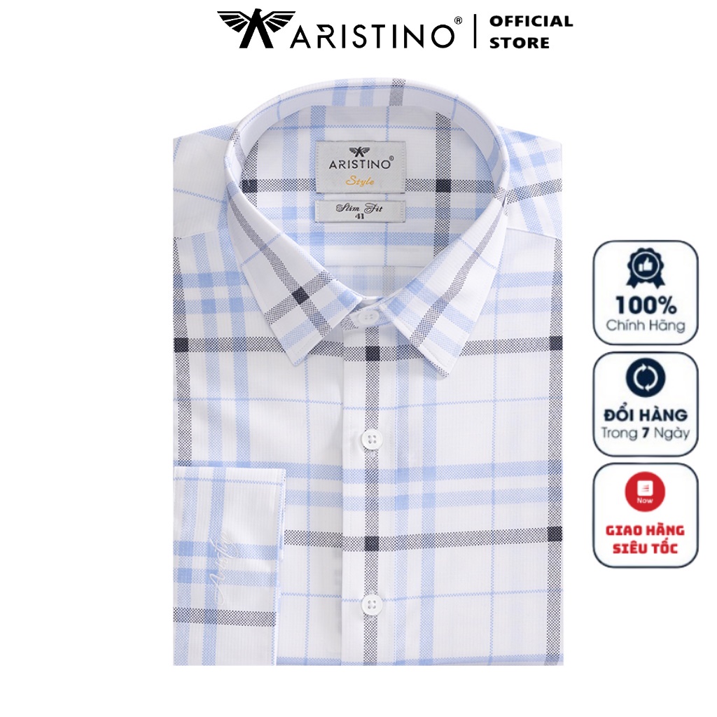 Áo Sơ Mi Nam Dài Tay ARISTINO ALS31302 Somi Công Sở Cao Cấp màu trắng in kẻ đen xanh vải sợi sồi cao cấp dáng ôm tà lượn