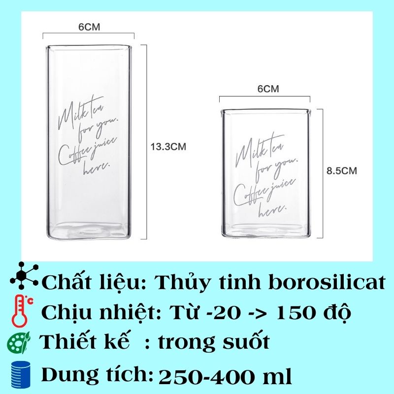 Ly thủy tinh vuông chịu nhiệt 400ml trong suốt cốc thủy tinh uống nước pha trà dễ thương cute decor cực đẹp