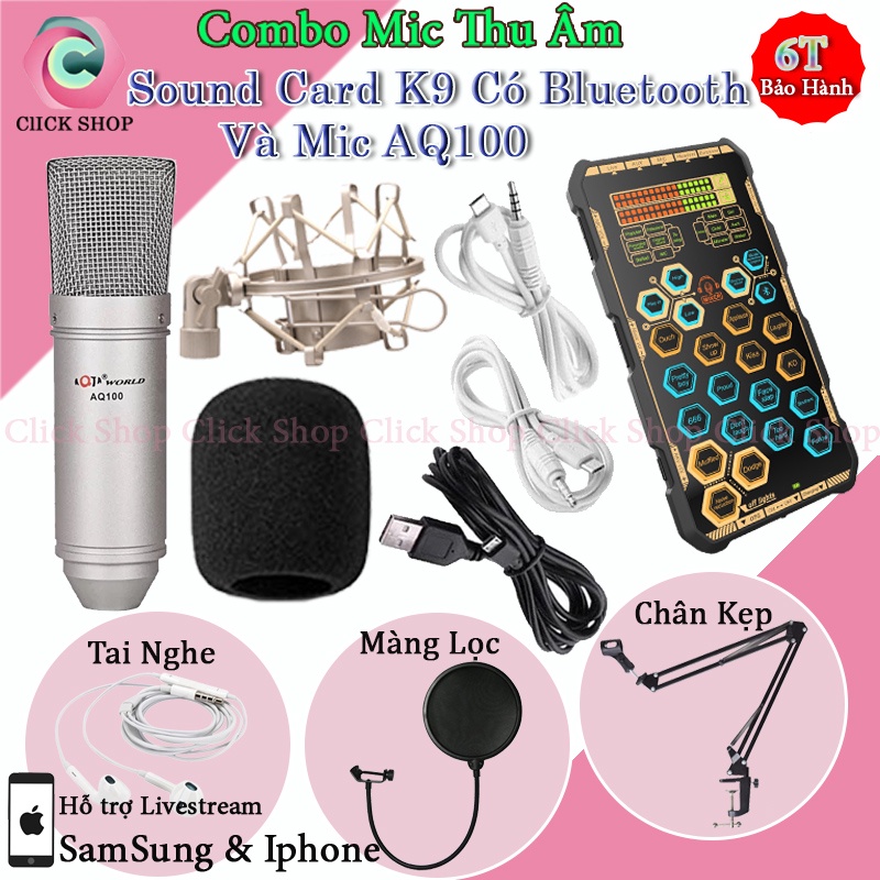 Bộ Mic Thu Âm Livestream AQ100 Và Sound Card k9 Có Autotune tích pin bluetooth đi kèm chân kẹp màng lọc tai nghe