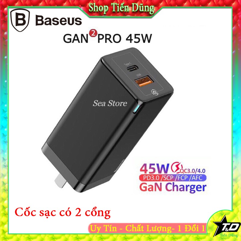 Củ sạc nhanh 45W baseus 2 cổng GaN2 Type C cà USB chính hãng