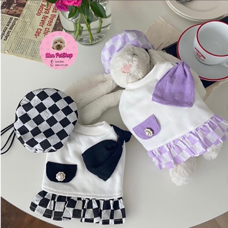 Set váy + mũ kẻ caro cho thú cưng