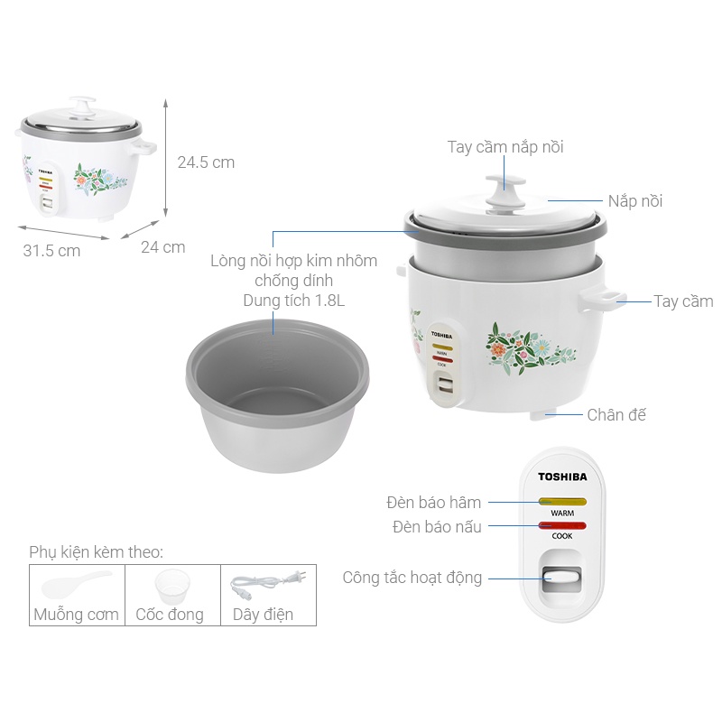 [Mã ELHADEV giảm 4% đơn 300K] Nồi cơm điện nắp rời Toshiba RC-18MH1PV(F)
