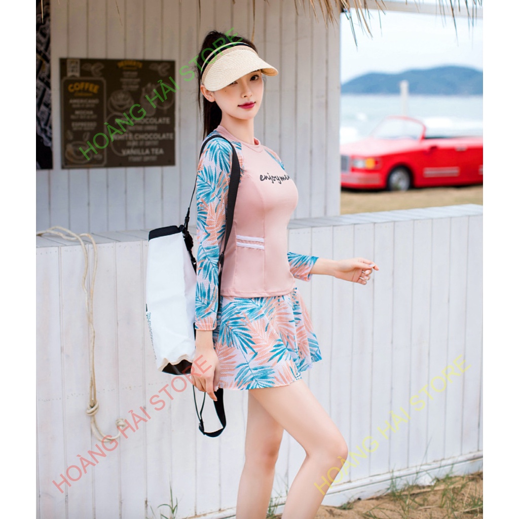 Bộ đồ bơi bikini kín đáo nữ hai mảnh đi tắm biển áo dài tay kèm váy giấu bụng che nắng - B.29